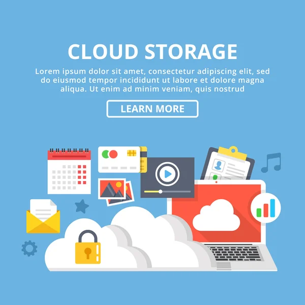 Banner web di archiviazione cloud. Tecnologia cloud, archiviazione dati, set icone del cloud computing. Illustrazione creativa del vettore di progettazione piatta — Vettoriale Stock