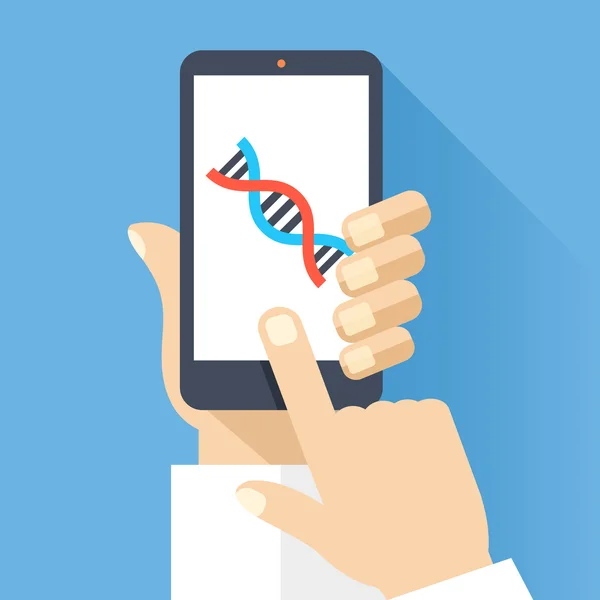 Hand houdt smartphone met DNA-pictogram op het scherm van de smartphone. Wetenschappelijk onderzoek, medische onderzoekconcepten. Plat ontwerp vector illustratie — Stockvector