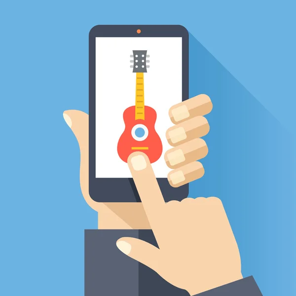 Mão detém smartphone com ícone de guitarra na tela do smartphone. Ouvir música, DAW, conceitos de software de áudio. Desenho plano criativo ilustração vetorial — Vetor de Stock