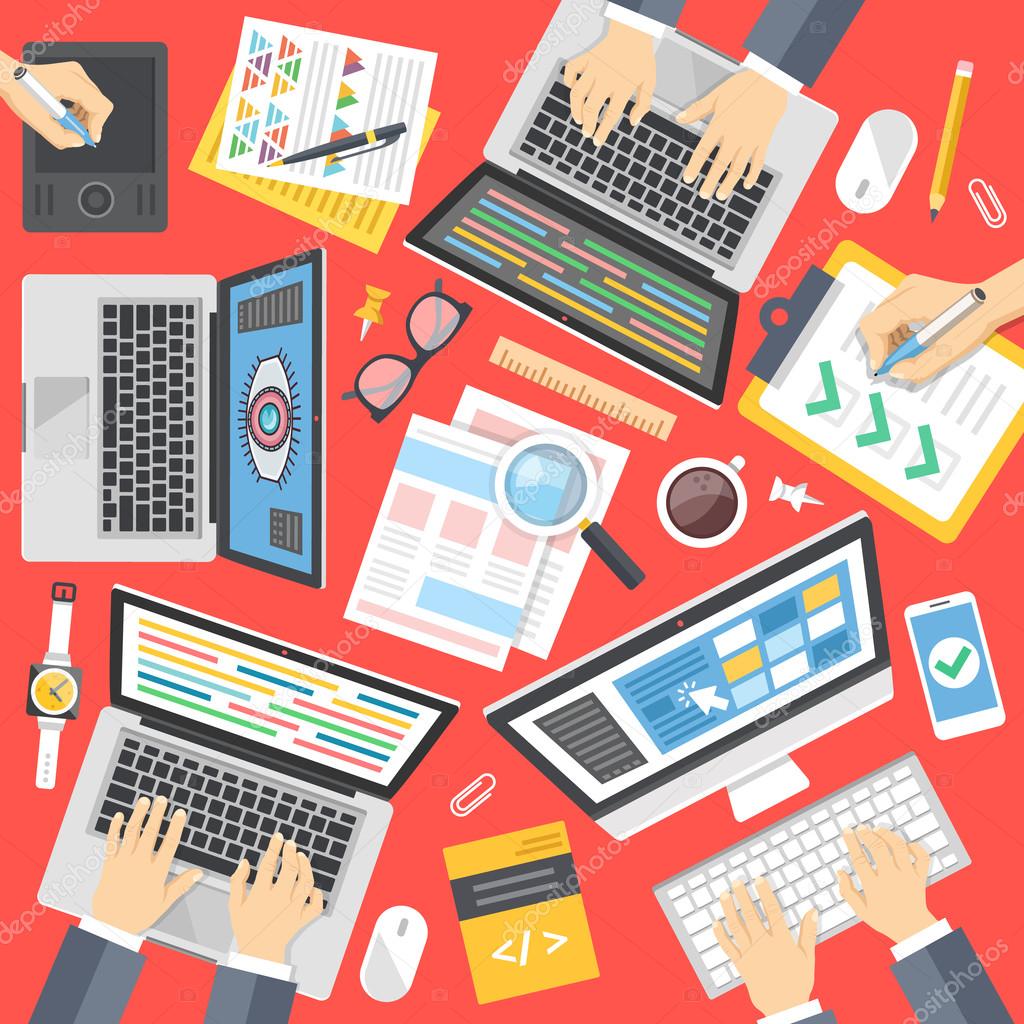 Programmers, web developers, designers at work. Working process, web development, programming, teamwork concept. Top view. Flat design for website, printed materials, infographics. Vector illustration