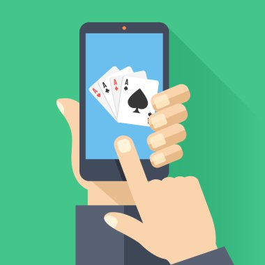 4 iskambil smartphone ekranında Aslar. Elini tut smartphone, parmak dokunmatik ekran. Cep telefonu poker. Yaratıcı düz tasarım vektör çizim