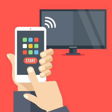 Tv smartphone ile wifi üzerinden kontrollü ayarla. Smartphone uzaktan kumanda uygulama el cep telefonu düğmeleri ile tutar. Modern düz tasarım vektör çizim
