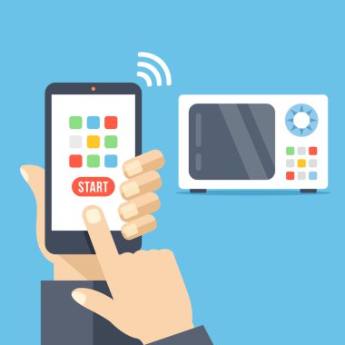 Smartphone uzaktan kumanda app. smartphone ile wifi üzerinden kontrollü mikrodalga. El cep telefonu düğmeleri ile tutar. Modern düz tasarım vektör çizim