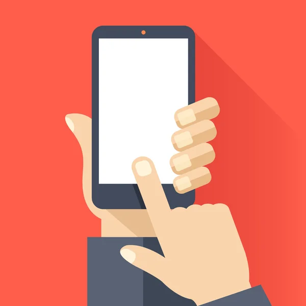 Smartphone met leeg wit scherm. Hand houden smartphone, scherm van de aanraking van de vinger. Cellphone sjabloon. Moderne platte ontwerp vectorillustratie — Stockvector