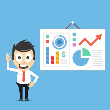 Infographics verileri ile Mutlu işadamı ve sunum kurulu. Gülümseyen iş karakteri. Modern düz tasarım vektör illüstrasyon