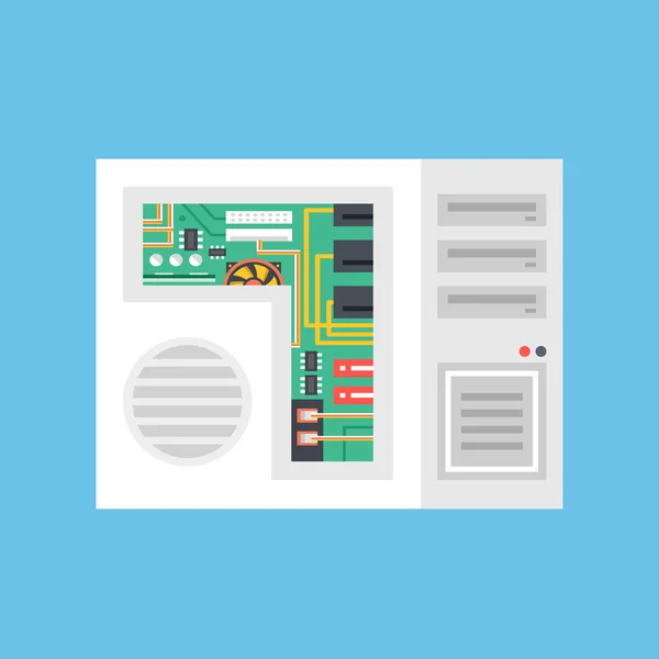 Vektor-Systemeinheit. Computerturm mit Computerteilen darin. moderne flache Designvektorillustration — Stockvektor