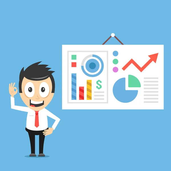 Buon uomo d'affari e scheda di presentazione con i dati infografici. Un uomo d'affari sorridente. Illustrazione moderna del vettore di progettazione piatta — Vettoriale Stock