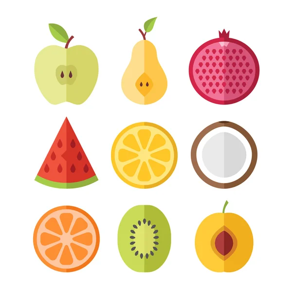 Vector fruits slices set. Apricot, kiwi, orange, coconut, lemon, watermelon, pomegranate, pear, apple cutaway fruits set. Flat design vector icons set — Stock Vector