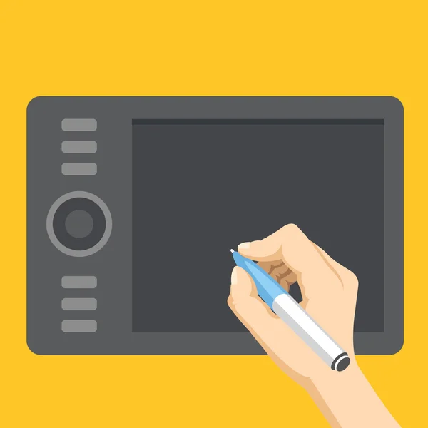 Grafik tablette dijital kalem çizimini elde tutma. Düz tasarım grafik elemanları. Vektör çizimi — Stok Vektör