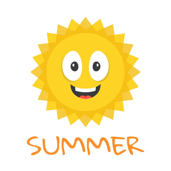 Personagem de sol bonito. Mascote de sol sorrindo engraçado e título de verão. Desenhos animados ilustração vetorial —  Vetores de Stock
