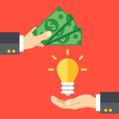 El para tutar, el ampul almıştır. Fikir, yenilik, modern teknoloji iş kavramı yatırım satın. Modern düz tasarım vektör çizim