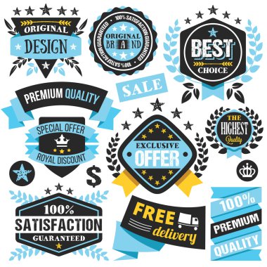 Mavi ve siyah rozetleri, kurdeleler, rütbeler ve etiketleri kümesi. Alışveriş, satış, iskonto kavramları. Beyaz arka plan üzerinde izole vektör çizim