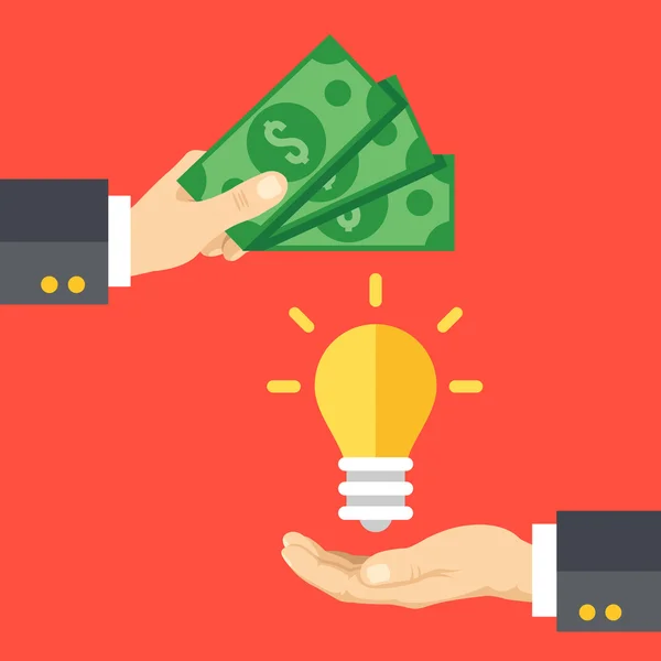 Hand holds money, hand holds lightbulb. Buy idea, investing in innovation, modern technology business concept. Modern flat design vector illustration — Stock Vector