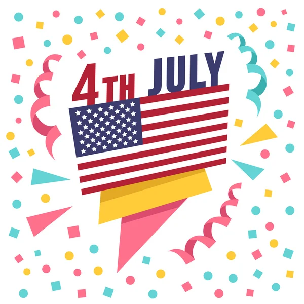 4. Juli Feiertagsbanner. Kreatives Papierbanner mit amerikanischer Flagge, Titel 4. Juli und Konfetti. flache Designvektorillustration — Stockvektor