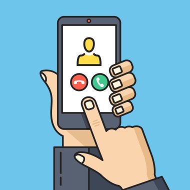 El ile gelen çağrı perde smartphone tutarak. Parmak değmek göstermek. Çağdaş ince çizgi düz tasarım kavramları, grafik öğeleri. Vektör çizim