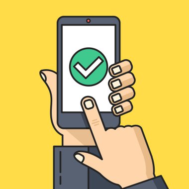 Onay işareti simgesi ile akıllı telefon ekranında tutan el. Yeşil onay işareti. Parmak ekran dokunur. Çağdaş ince çizgi düz tasarım grafik öğeleri. Vektör çizim