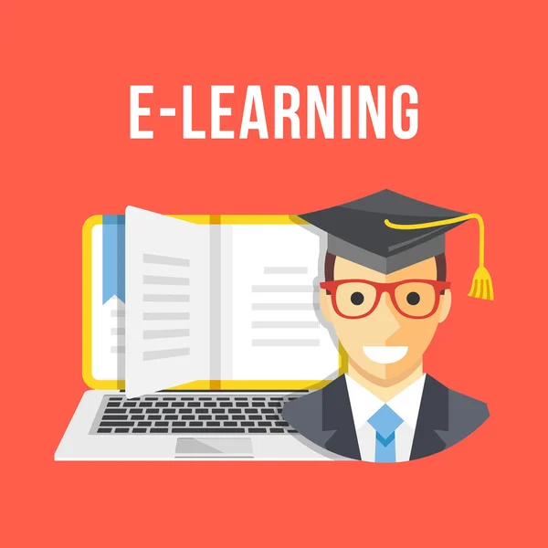 E-Learning, σε απευθείας σύνδεση εκπαίδευση έννοιες. Χαμογελαστός άνθρωπος με καπάκι αποφοίτηση, ανοιχτό βιβλίο και φορητό υπολογιστή. Επίπεδη σχεδίαση διανυσματικά εικονογράφηση — Διανυσματικό Αρχείο