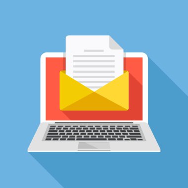 Zarflı dizüstü bilgisayar ve belgesi ekranda. E-posta, e-posta pazarlama, internet reklam kavramları. Düz tasarım vektör çizimi