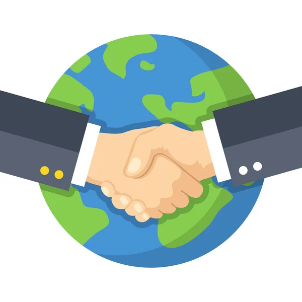 Handshake and planet Earth. World peace, global agreement, international partnership, worldwide business concepts. Flat design vector illustration — Stock Vector