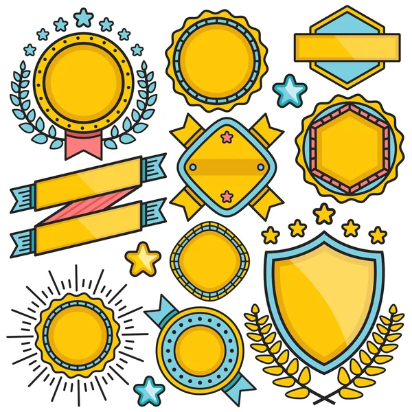 Etiquettes, badges et rubans. Couleurs bleu, rouge et jaune. Conception de ligne plate. Illustration vectorielle — Image vectorielle