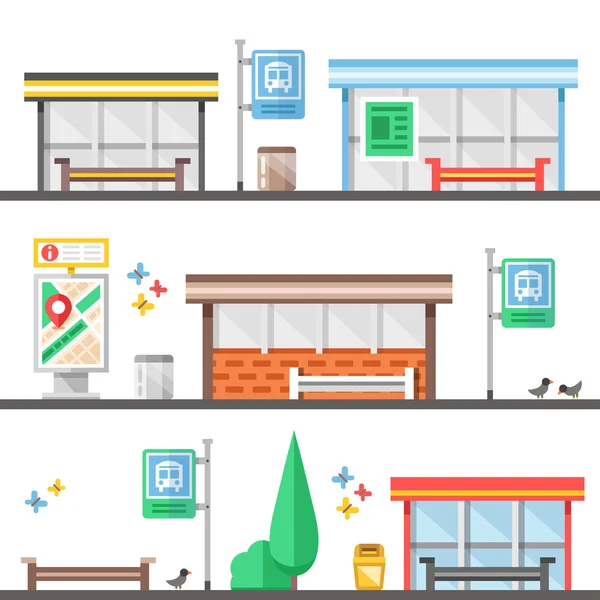 Bushaltes, outdoor en city elementen instellen. Moderne flat design concepten. Creatieve vectorillustratie — Stockvector