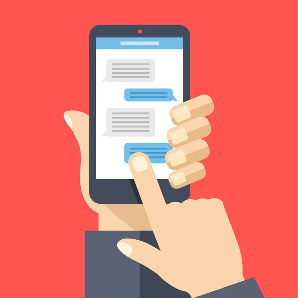 Chat-sessie over smartphone scherm. Hand houdt smartphone, vinger raakt scherm. Instant messaging, SMS concepten. Moderne elementen. Platte ontwerp vectorillustratie — Stockvector