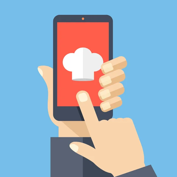 Chef şapka smartphone ekran simgesi. El tutma siyah smartphone. Online yemek tarifleri, yemek öğreticiler kavramlar. Modern öğeleri. Düz tasarlamak vektör — Stok Vektör