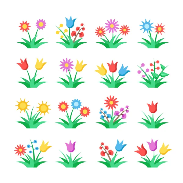 Blommor ikoner set. Färgglada platt designkoncept. Vektor illustration — Stock vektor