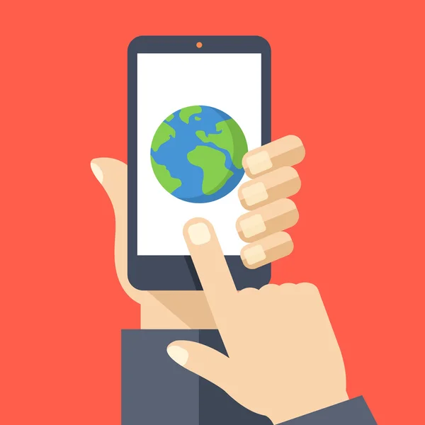 Earth simgesini smartphone ekranında. Akıllı telefon, ekran dokunaklı parmak tutan el. Gps navigasyon, seyahat. Modern düz tasarım vektör çizim — Stok Vektör