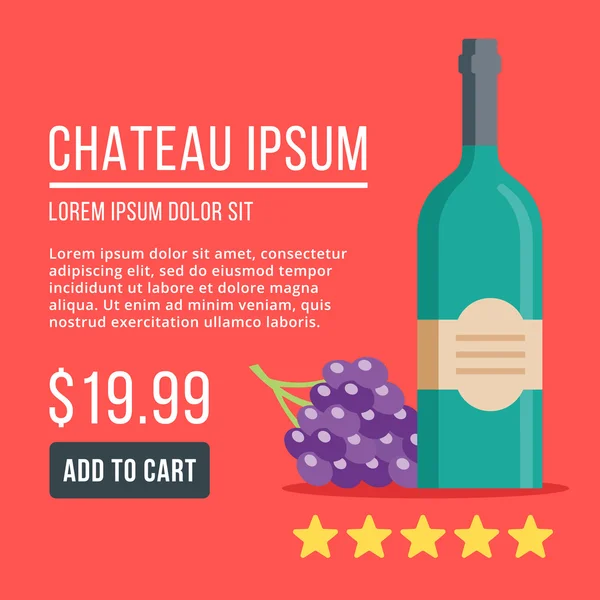Buy wine online concept. Bottle of wine, bunch of grapes, title, some text, price, add to cart button and rating stars. Product webpage. Modern flat design vector illustration — Stock Vector