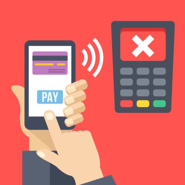 Mobil ödeme, reddedilen hareket reddetti. El tutma smartphone kredi kartıyla ödeme düğmesi, Pos terminal ile ekranda çapraz. Mobil bankacılık kavramı. Modern düz tasarım vektör çizim