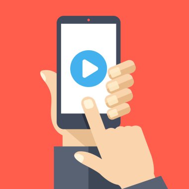 Smartphone ekranda yürüt düğmesi. Elini tut smartphone, parmak dokunmatik ekran. Seyretmek video üstünde hareket eden telefon. Modern düz tasarım vektör çizim