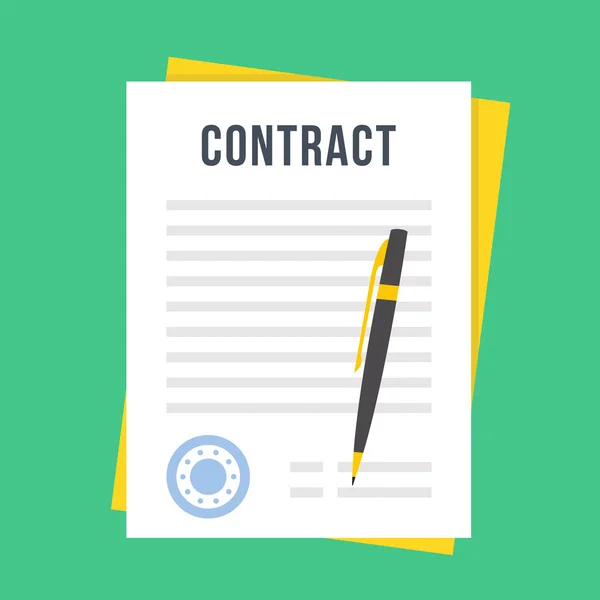Avtalet dokument med gummistämpel och penna. Underteckna kontrakt koncept. Platt stil design vektor illustration — Stock vektor