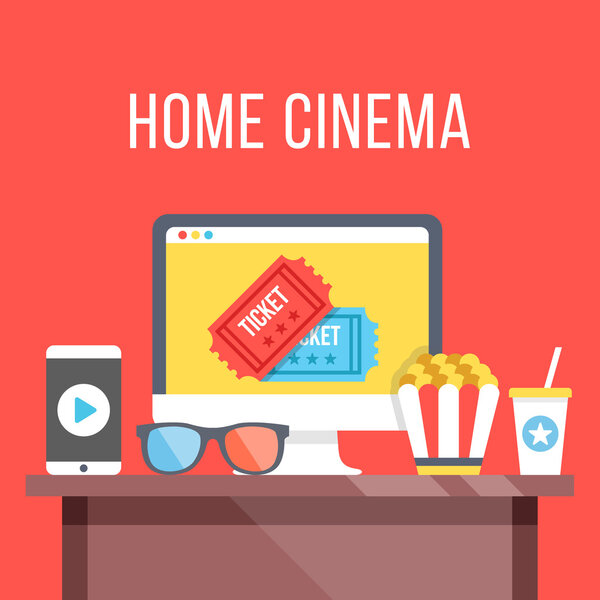 Дом кино. Стол с настольным компьютером, билеты в кино на экран, 3D очки, смартфон с кнопкой воспроизведения, попкорн и газировка. Смотреть фильмы онлайн концепция. Современная векторная иллюстрация
