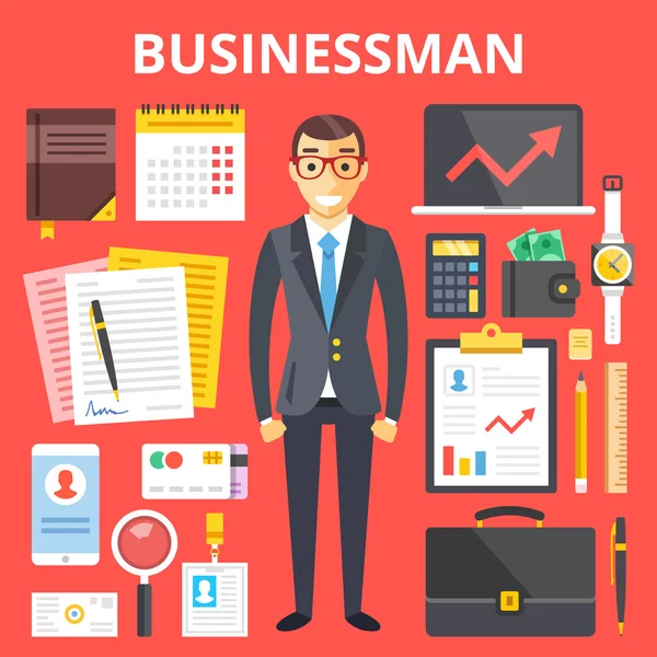 Personagem empresário e ferramentas de negócios, coisas e acessórios conjunto. Design plano moderno ilustração vetorial gráfica Vetores De Stock Royalty-Free