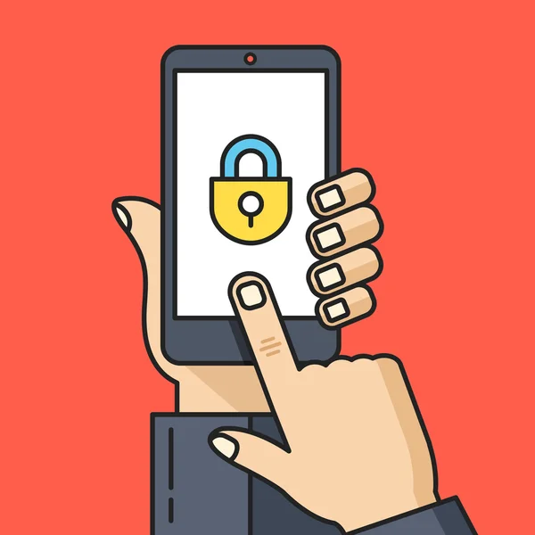 Hand met smartphone met vergrendelingspictogram. Unlock scherm, privacy, telefoon bescherming, wachtwoord concepten. Dunne lijn platte ontwerp. Vectorillustratie — Stockvector