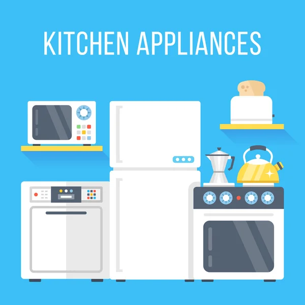 Kitchen appliances set. White refrigerator, stove, dishwasher, microwave, toaster, kettle, and classic coffee maker. Flat design vector illustration — Stock Vector
