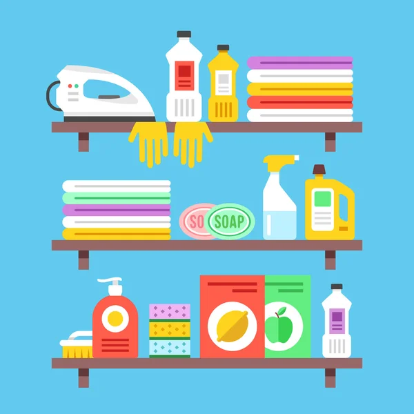 Prodotti per la pulizia delle famiglie, prodotti chimici, forniture e oggetti sugli scaffali. Illustrazione vettoriale di design piatto — Vettoriale Stock