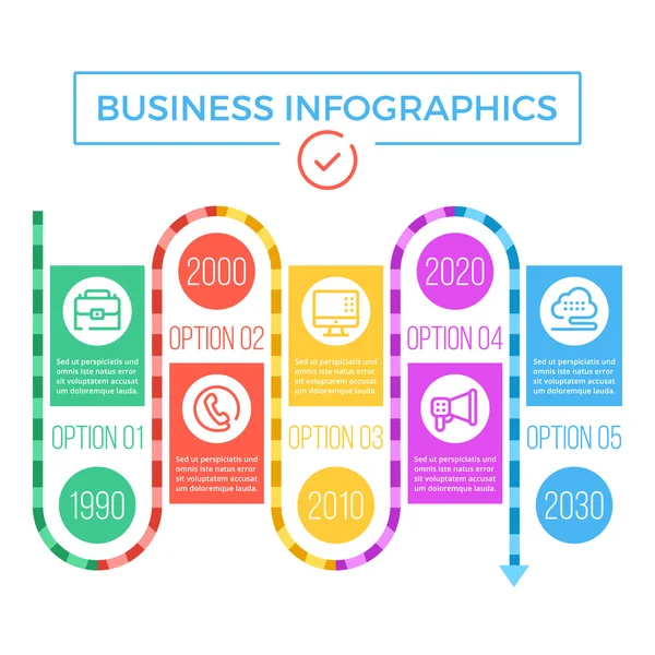 Cronología infografías de negocios. Diseño plano vector ilustración — Archivo Imágenes Vectoriales
