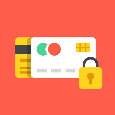 Kredi kartları ve kilit simgesi. Ödeme koruma, anti dolandırıcılık kavramları güvenli işlem. Modern düz tasarım vektör çizim