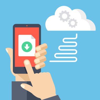 Cep telefonu için downloading eğe--dan online bulut depolama. Smartphone, perde ile belge ve download düğme dokunmadan parmak tutan el. Modern düz tasarım vektör çizim