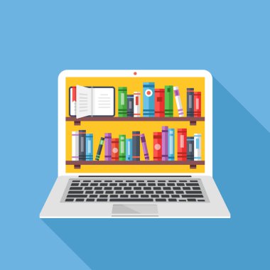 Raflardan kitapları dizüstü ekran ile. Online dijital kütüphane. Modern kavramları. Yaratıcı düz tasarım vektör çizim