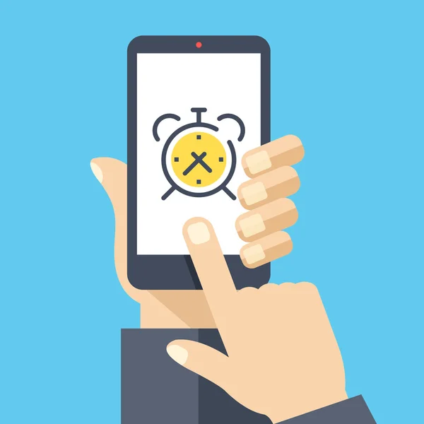 Wekker op smartphone scherm. Wakker app. Hand bedrijf smartphone, vinger scherm aan te raken. Moderne platte ontwerp vectorillustratie — Stockvector