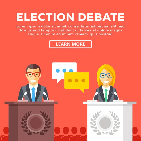 Választási vita. A szónoki emelvényre, elnöki jelöltek támogatói mögött. Modern fogalmak, kreatív grafikai elemek. Lapos kivitel vektoros illusztráció — Stock Vector