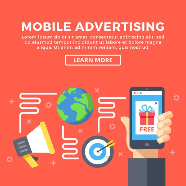 Mobile advertising. Modern concepts, flat icons and graphic elements. Flat design vector illustration — Stock Vector