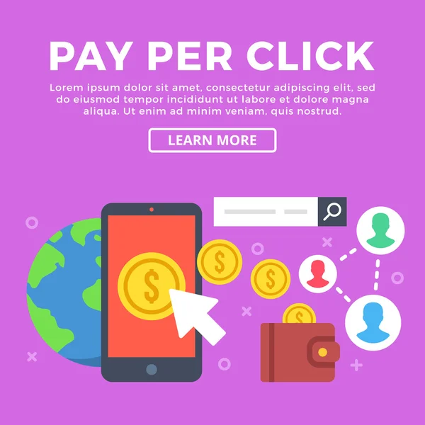 Pay-per-click koncepció. Mobiltelefon, arany érme, a mutatóikon pénztárca, föld, stb. Modern grafikus elemek infographics, web design, web bannerek, nyomtatott anyagok. Lapos kivitel vektoros illusztráció — Stock Vector