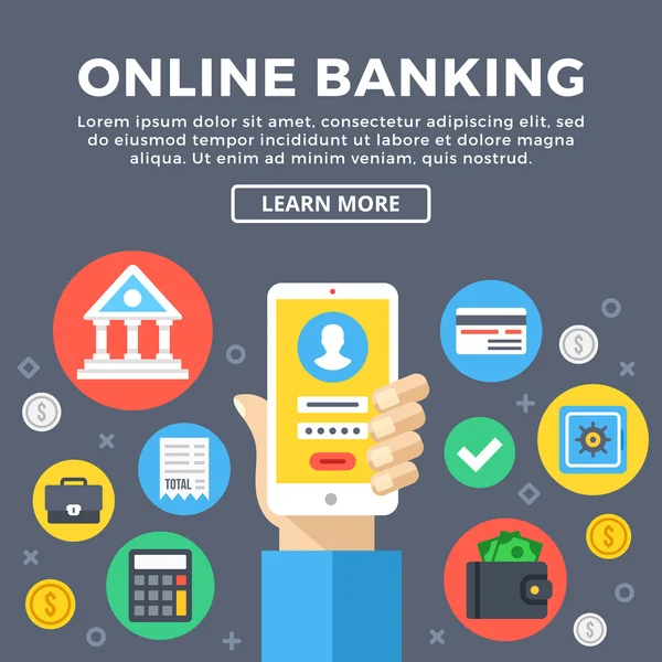 Banco online, conceito de e-banking. Gerenciar conta bancária via telefone celular. Objetos gráficos modernos, conjunto de ícones planos. Ilustração vetorial de design plano —  Vetores de Stock