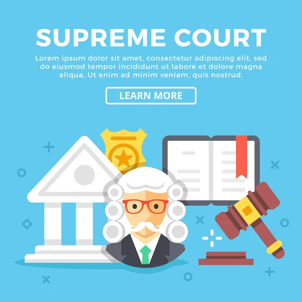 Legfelsőbb Bíróság koncepció. Modern ikonok és a színes grafikus objektumok, web bannerek, weboldalak, nyomtatott anyagok. Lapos kivitel vektoros illusztráció — Stock Vector