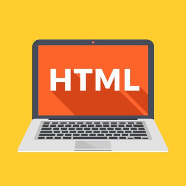 Ekranda Html kelimesi olan dizüstü bilgisayar. Html, web geliştirme ve web tasarımı, programlama, kodlama kavramları öğrenin. Trendy uzun gölge düz tasarım. Renkli yaratıcı grafik öğeleri. Vektör çizimi