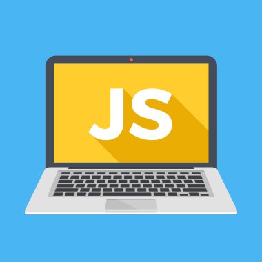 Ekranda Js kelime ile Laptop. Javascript, web geliştirme, kodlama, programlama kavramları öğrenin. Trendy uzun gölge düz tasarım. Renkli yaratıcı grafik öğeleri. Vektör çizimi
